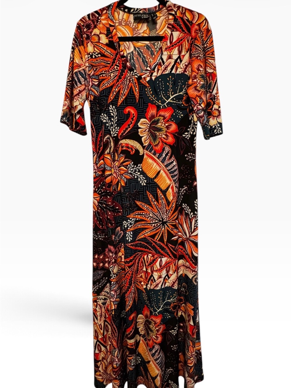 Attitudes by Renee Black Maxi Dress with Orange & Red Tribal / Botanical Print